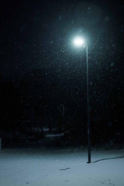 The image depicts a solitary streetlamp illuminated in a snowy outdoor setting at night, with snowflakes gently falling through the dark sky. The streetlamp's light casts a subtle glow on the snow-cov