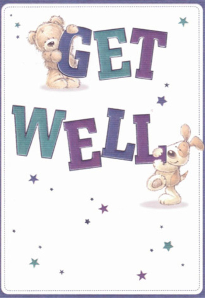 This get well card is a testament to the warmth and compassion found throughout New Malden, masterfully captured in expressive illustration. Front and centre, a sweet teddy bear and an affectionate puppy-each painted with soft, cuddly textures-bring the message to life by holding and balancing oversized, joyful letters spelling out 'Get Well.' The palette radiates cheer, with bold strokes of teal, amethyst, and aqua illuminating the lettering beneath the animals' soft embrace. Sparkling star motifs, cast in gentle purples and twilight blues, are scattered across a crisp, white background, creating a sense of movement and hope. Every detail, from the downy contours of the bear's fur to the velvety droop of the puppy's ears, is drawn with the soothing, deliberate care you'd expect from a local florist assembling a recovery bouquet. The composition feels almost tactile-a card that, when included with flower delivery in New Malden, offers lasting comfort and heartfelt encouragement, perfect for anyone convalescing within the caring atmosphere of our community.