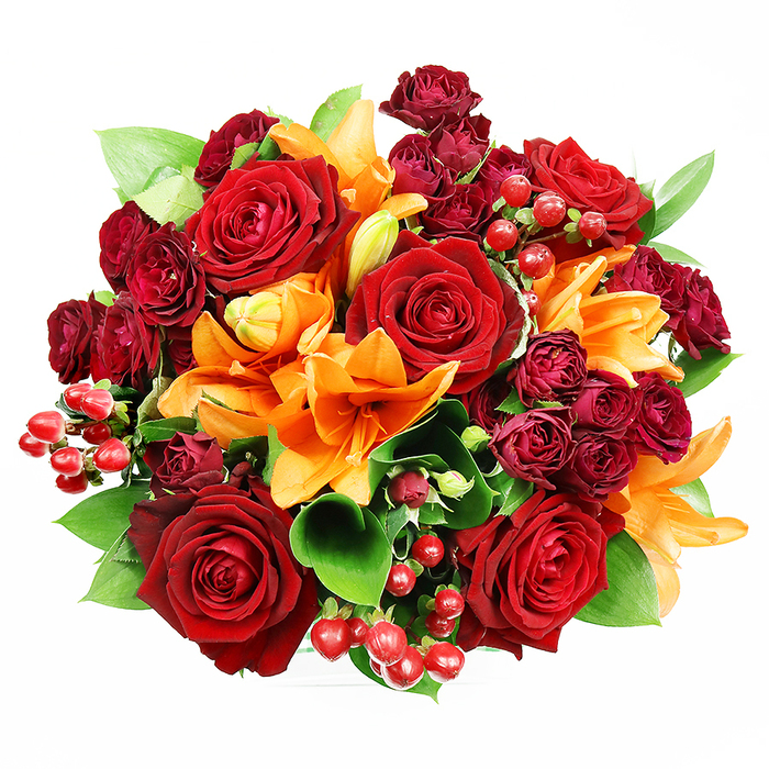 Seen from above on a spotless white background, this luxurious, densely clustered bouquet reads like an oil painting of warmth and texture. Large, fully opened deep red roses form the main rhythm, their velvety petals curling to reveal layered, shadowed centres that feel both intimate and monumental. Bright orange Asiatic lilies break through the red mass with trumpet-shaped brilliance; some are fully open, exhibiting their stamens and smooth petal surfaces, while others remain in tight or partly unfurled buds, which adds rhythmic variation and a promise of continued bloom. Rich, dark burgundy spray roses nestle in clusters, creating velvety pockets of depth that contrast with the lilies' vividness. Scattered among the blooms are glossy red Hypericum berries - small, round, and reflective - which act like festive jewels across the arrangement and introduce lively texture. Broad, glossy green leaves, likely ruscus or salal, are threaded through the bouquet to provide structure, coolness, and a natural frame for the warm tones. The lighting is soft and even, chosen to highlight the tactile quality of petals and the sheen of the berries without distracting shadows, which allows the eye to travel easily across the circular composition. The bouquet suggests celebration, romance, and seasonal generosity - suited for anniversaries, heartfelt congratulations, or as a striking centrepiece in a living room. As a local florist familiar with New Malden and neighbouring Raynes Park, I picture this arrangement in shop windows or on kitchen tables along Kingston Road, where its autumnal palette feels immediately at home.
