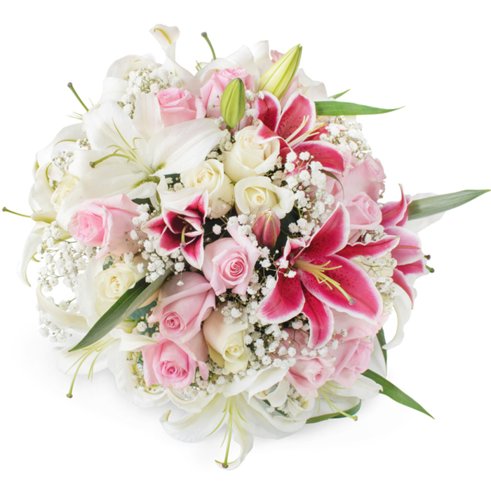 A beautifully rounded bouquet composed of lilies, roses, and baby's breath is photographed against a seamless white background, giving it the appearance of floating in space, as carefully balanced as an arrangement created in a New Malden florist's studio. Dominating the bouquet are pristine white lilies, some fully open with their trumpet-shaped petals arching elegantly back, others still in firm, green-tipped buds that suggest continuing bloom in the days ahead. The open lilies reveal soft green centres and pale yellow stamens, evoking a subtle, refined fragrance. Interspersed throughout are generous clusters of blush pink and creamy white roses, the pinks delicately pastel and the creams close to ivory, each rose showing a different stage of opening-from tight buds that promise longevity to fully unfolded, velvety blooms that feel lush and romantic. Cutting through the pastel tones are several bold fuchsia Oriental lilies, likely Stargazers, with deep magenta petals flecked with darker spots and highlighted by prominent yellow anthers, which serve as striking focal points within the design. Sprays of white Gypsophila are threaded through every part of the bouquet, creating little clouds of tiny blossoms that soften transitions and add a light, airy texture. Slender green leaves and occasional glimpses of stems provide a subtle frame, making the flowers appear fresh from the cooler. The lighting is bright and even, enhancing every detail-the shine of the lily petals, the velvety rose texture, and the delicate, frothy look of the baby's breath. This bouquet radiates an elegant, celebratory mood, ideal for New Malden weddings, anniversaries, or thoughtful same-day deliveries to homes near Beverley Park and along the High Street, when you want to send a message of admiration, romance, or joyful congratulations.