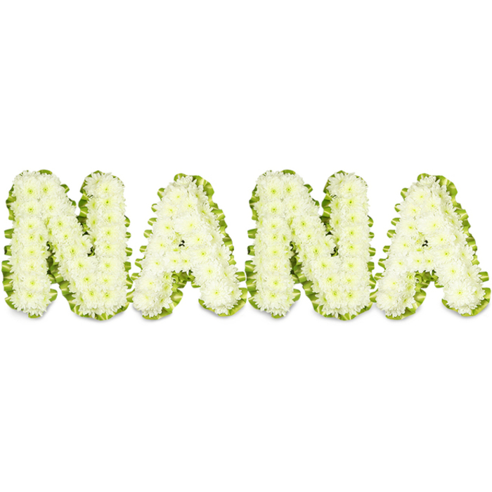A meticulously shaped memorial arrangement spells the name NANA in large, three-dimensional letters made entirely from hundreds of pristine white chrysanthemum blooms, each tiny petal layered into a dense, sculptural surface that reads both delicate and substantial. The letters sit on a clean white field so their silhouette is perfectly clear; running around every perimeter is a vibrant, fresh green border - either lush foliage or a finely pleated ribbon - that crisply defines each character and throws the white into brighter relief. The chrysanthemum heads create a tactile, cloudlike texture under soft, even lighting that highlights the arrangement's depth and the florist's exacting handwork. The green edge is lively without distracting, its colour recalling early spring shoots and the hedgerows found along the Hogsmill River walk near New Malden, and it lends an uplifting note of renewal to an otherwise solemn composition. This piece is crafted with funeral and graveside tradition in mind, designed to convey respect, remembrance, and enduring affection for a matriarch; its scale and clarity make it readable from a distance and comforting up close. As Flower Delivery New Malden would assemble it, attention is paid to bloom freshness, secure wiring, and balanced proportions so the tribute remains dignified through a service and when placed by a headstone. The overall impression blends purity, tenderness and thoughtful craftsmanship - a quiet, tangible expression of love and farewell for a beloved grandmother in our local community.