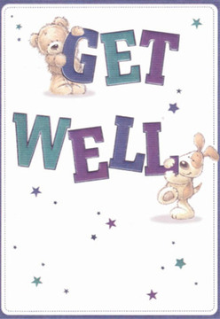 Channelling the gentle, welcoming spirit of New Malden, this get well card brings a playful and uplifting presence visually akin to a freshly curated bouquet waiting at a neighbour's door. The card's central figures-a huggable teddy bear with soft, honey-hued fur and a perky-eared puppy with a joyful twinkle-engage with the oversized, three-dimensional letters spelling out 'Get Well.' The bear is pictured clutching the top of the word 'GET,' while the puppy nestles close below, their rounded shapes and expressive, caring eyes conveying a heartfelt message of hope. Dashes of hand-painted stars shimmer across the page in a soft cascade of purples and blues, while the vivid text, shaded in rich teal and indigo, stands confidently against a luminous cream background-like a bouquet's vibrant blooms against fresh white paper. There's comfort in the card's every line, echoing the nurturing love and detail found in arrangements crafted for someone unwell in New Malden. This illustrated scene serves as a reminder of gentle support and resilience, designed to brighten anyone's journey back to health.